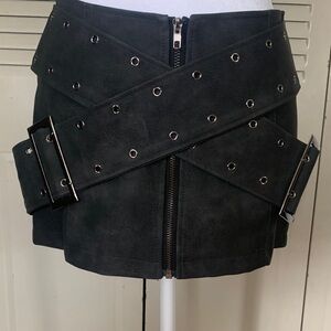 Black Eyelet-Trim Suede Mini Skirt with Buckle Straps